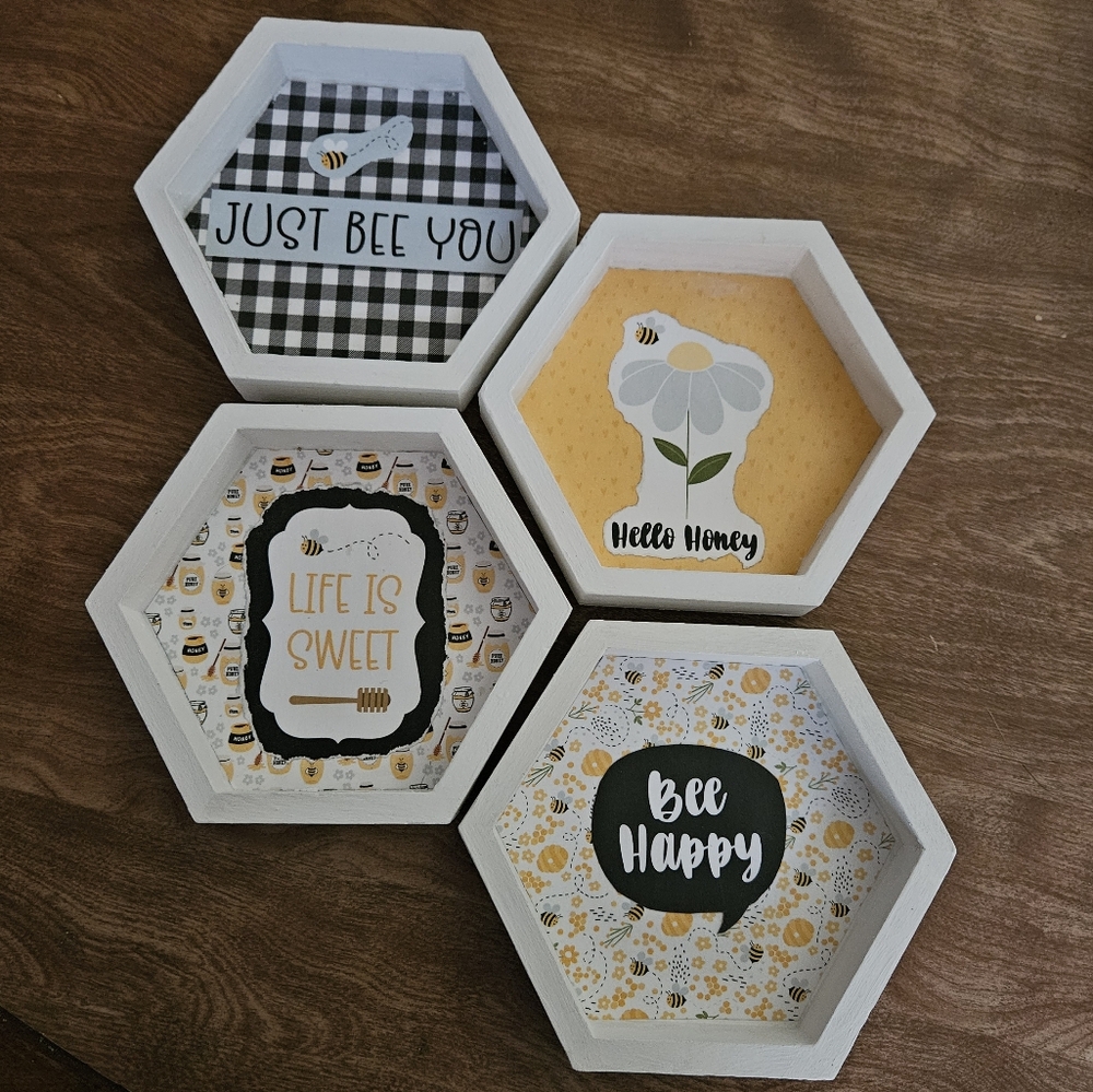 Bee-Themed Hexagonal Wall Art Set Handcrafted - Picture 1 of 10